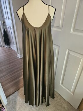 Olive Satin Maxi Slip Dress with Spaghetti Straps